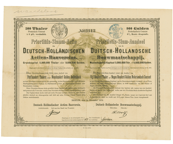 Kollwitzstraße 52, Aktie des Deutsch-Holländischen Aktienvereins, 1872